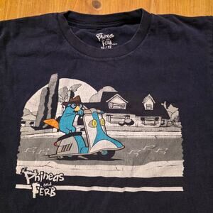 2010 Phineas and Ferb Kids T-Shirt 10/12 Blue Disney Short Sleeve Graphic Rare